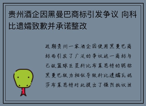 贵州酒企因黑曼巴商标引发争议 向科比遗孀致歉并承诺整改